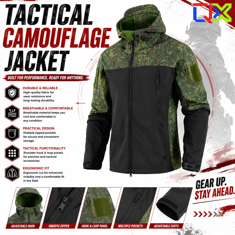 Windproof Jacket Softshell - سترة تكتيكية مموهة من QX مقاومة