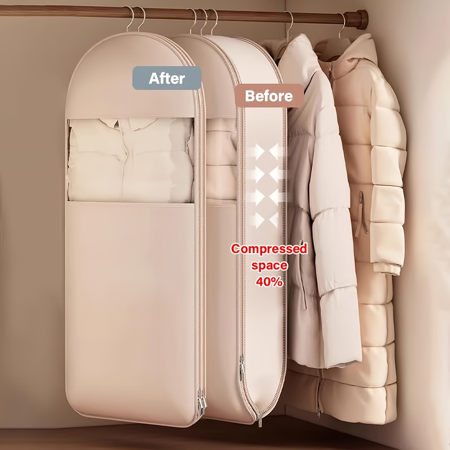 Winter Clothing Organizer - حقيبة معلقة مضغوطة باللون البيج، ختم